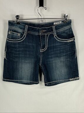 Rose Royce Sarah Galaxy Denim Shorts Size 27 Rhinestone Fleur De Lis Cross Y2K